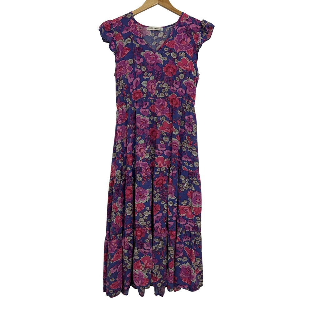 Rusttydustty Womens Floral Maxi Boho Cottage Dress V-Neck Flutter Sleeve Large